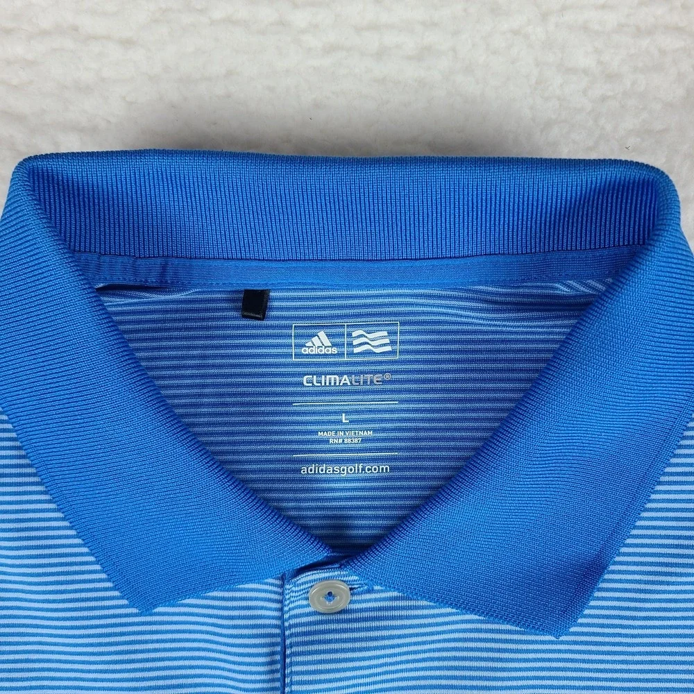 Adidas Polo Shirt Mens large Blue Striped Clima Lite Performance Short Sleeve‎